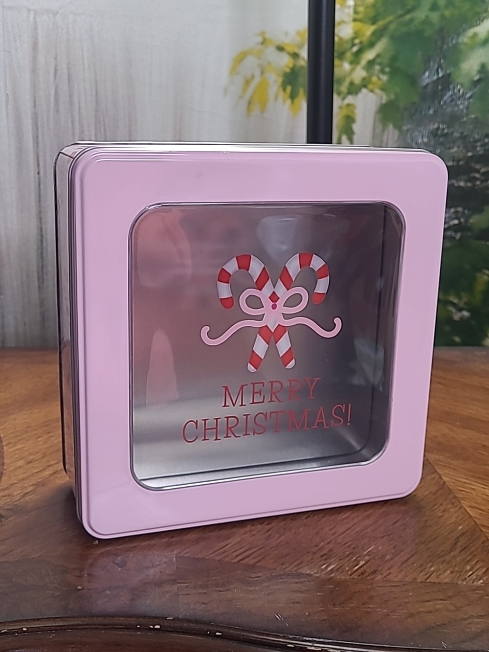 New CWC Set of 6 Christmas themed candy cane pink metal square tin gift boxes